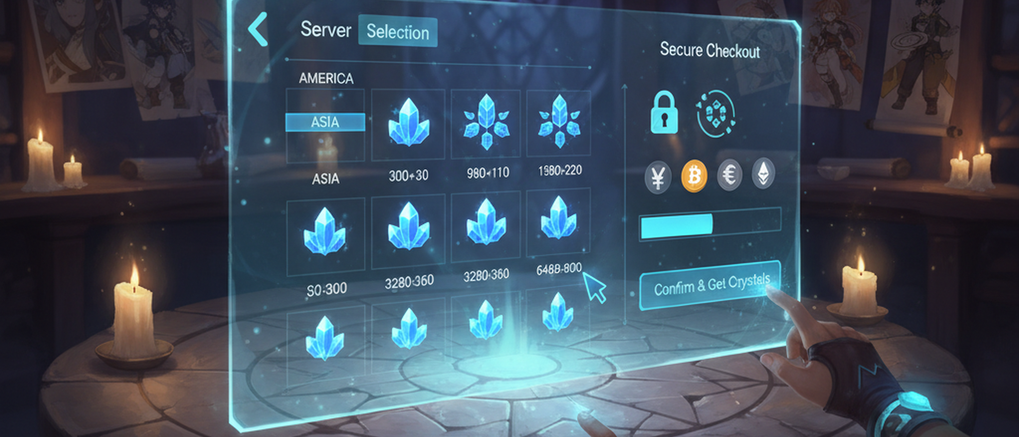 A cinematic step-by-step top-up scene showing secure checkout, server selection, and Genesis Crystal package choice on Uptop.gg.