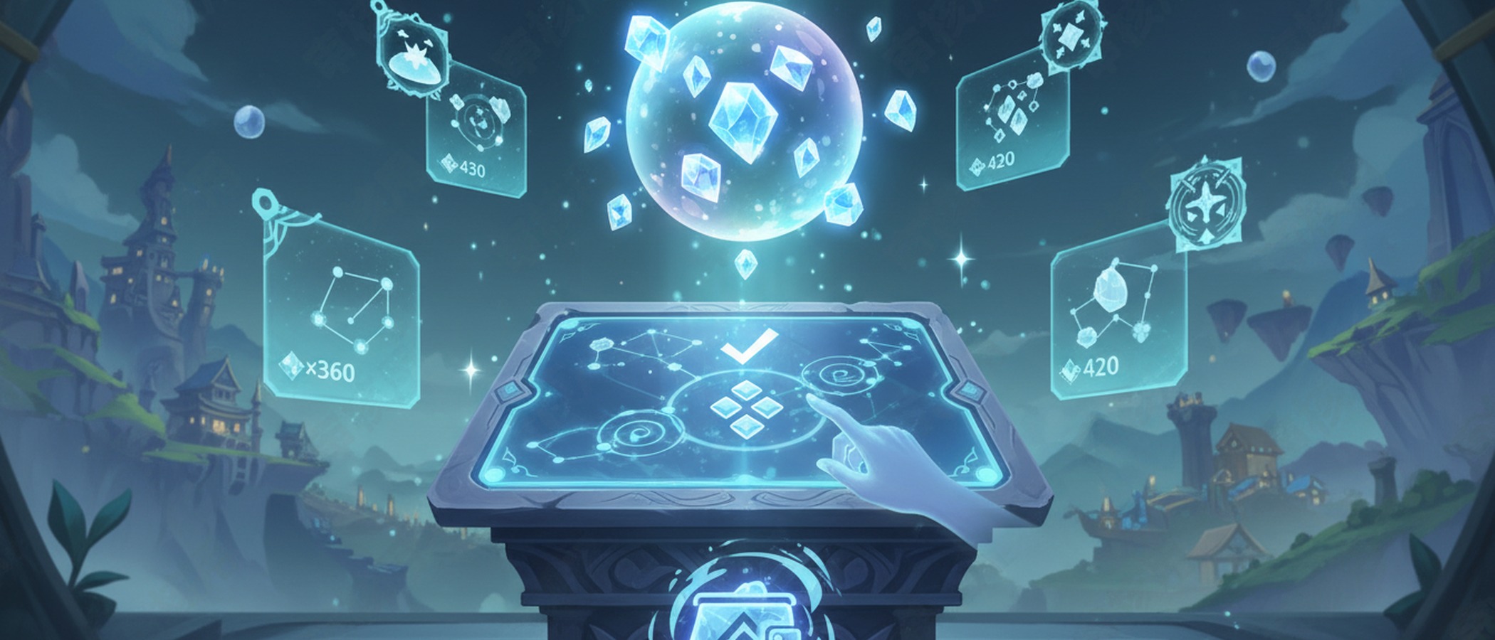 A support-focused visual showing transaction confirmation, wallet safety, and successful Genesis Crystal delivery with Genshin-themed atmosphere.