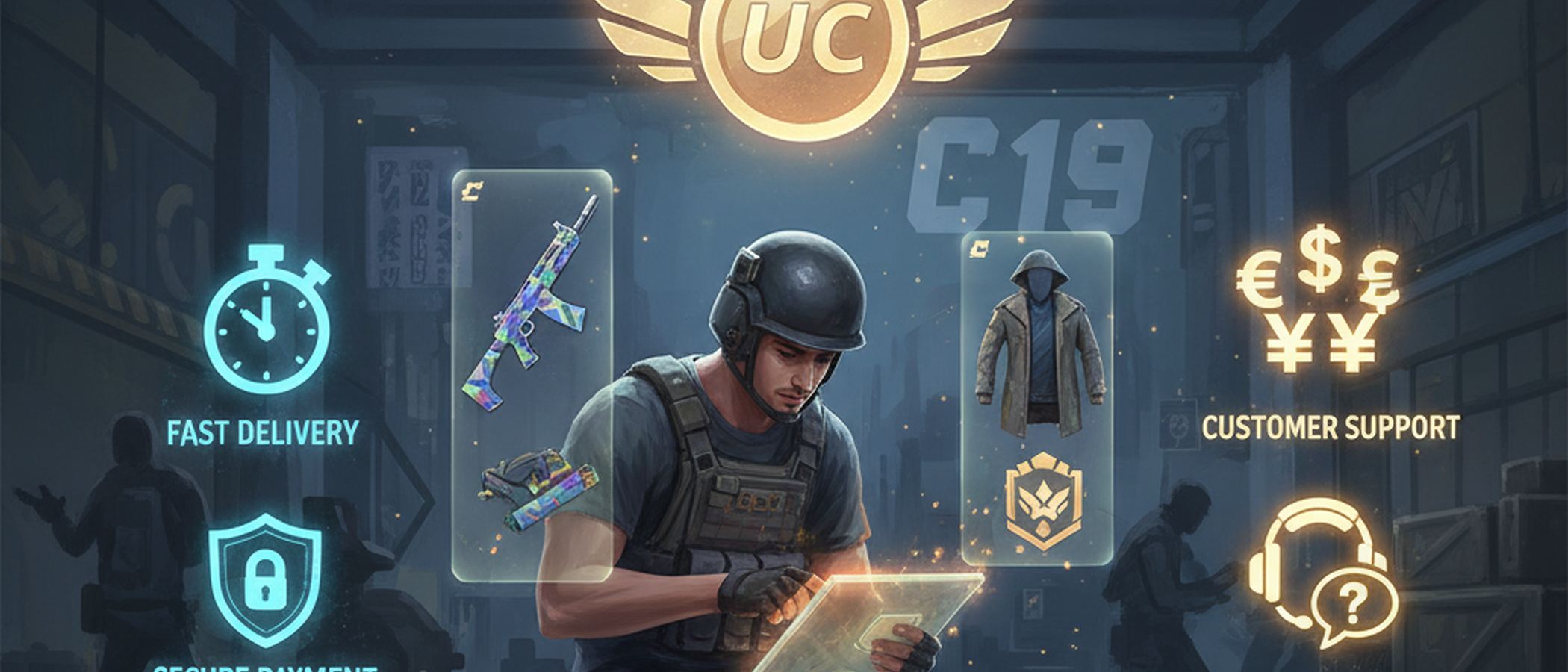 Icons representing fast delivery, secure payment, multiple currency symbols, and customer support