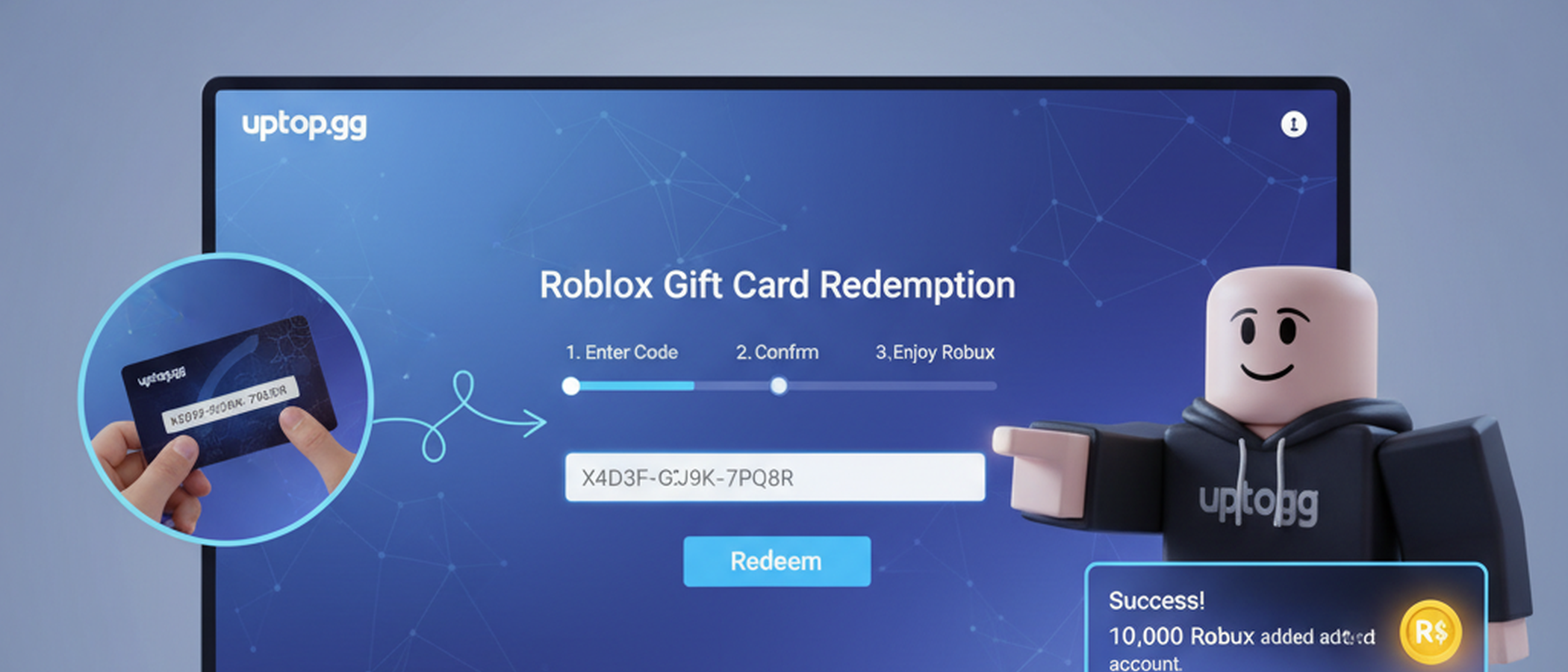 A simplified infographic or a series of annotated screenshots showing the key steps of redeeming a gift card on the Roblox website, from logging in to entering the code and confirming Robux addition.