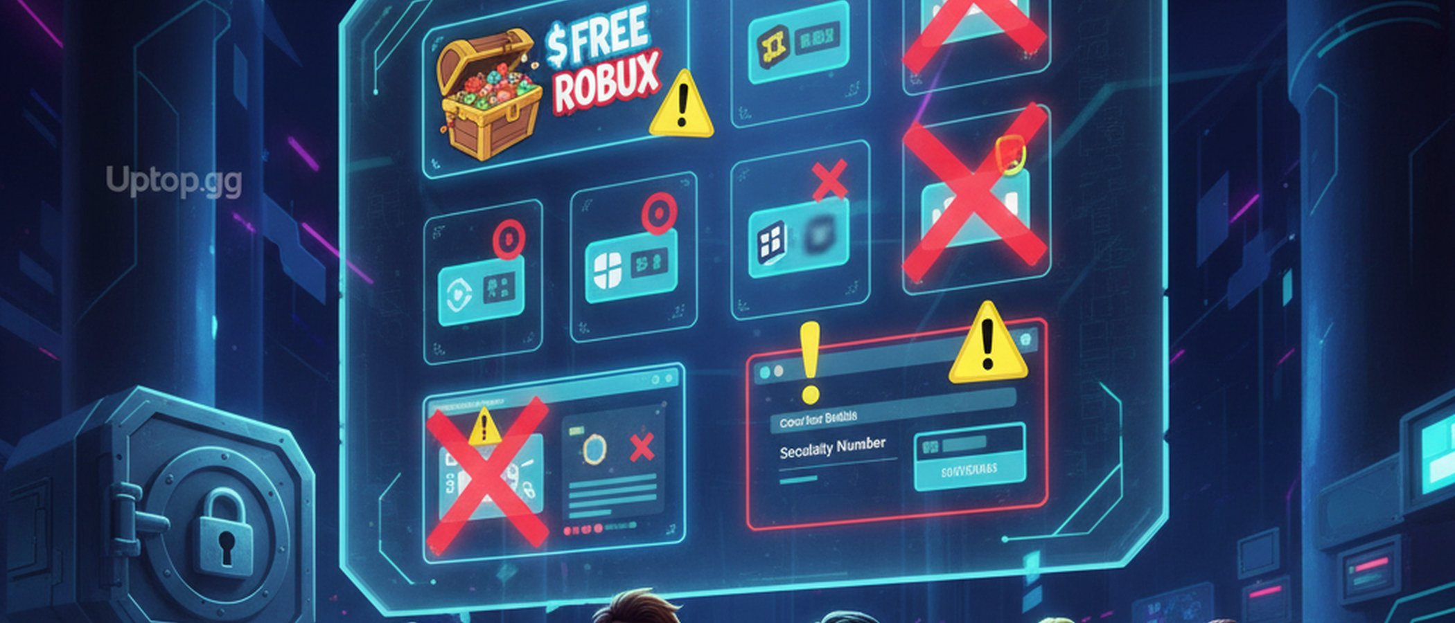 A cautionary graphic using warning symbols (like 'X' marks or '!' icons) over common scam indicators, such as 'too good to be true' offers, unofficial websites, or requests for personal information beyond the code.